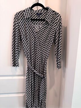 Chaps Navy & White Geometric Wrap Dress